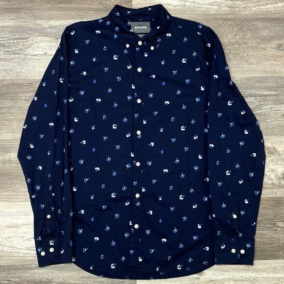 Bonobos Navy Blue White Mens L Slim Fit Floral Pattern Long Sleeve Button Shirt - Picture 2 of 9